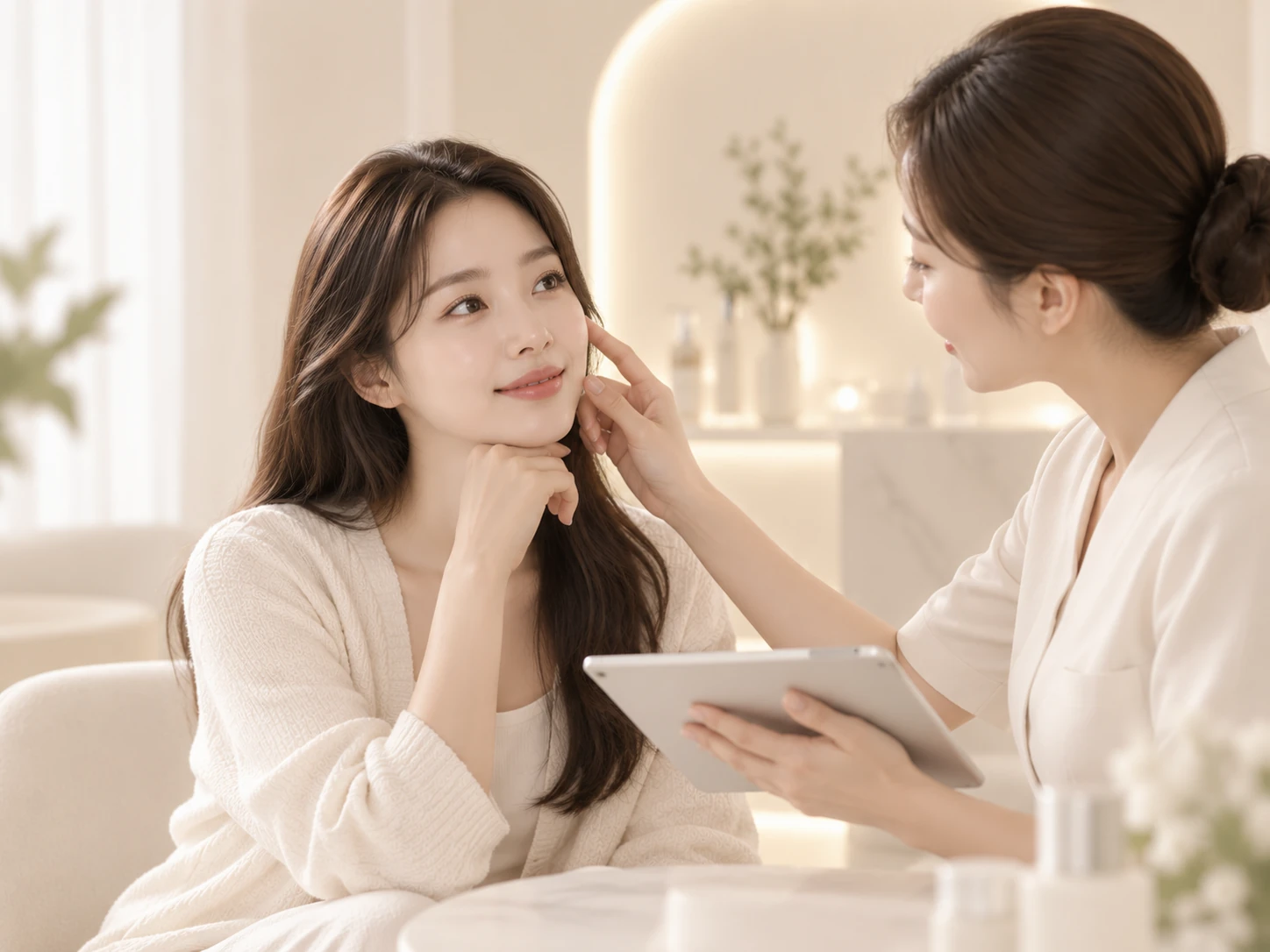 에스테티션과 여성 고객이 피부 컨디션을 상담하는 모습