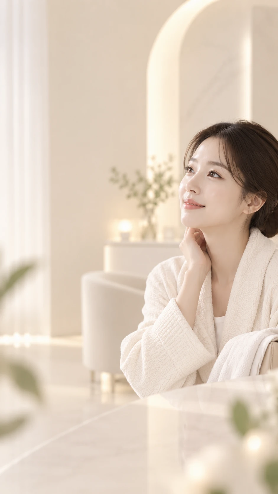 밝은 에스테틱 공간에서 피부 컨디션을 살피는 여성의 브랜드 이미지